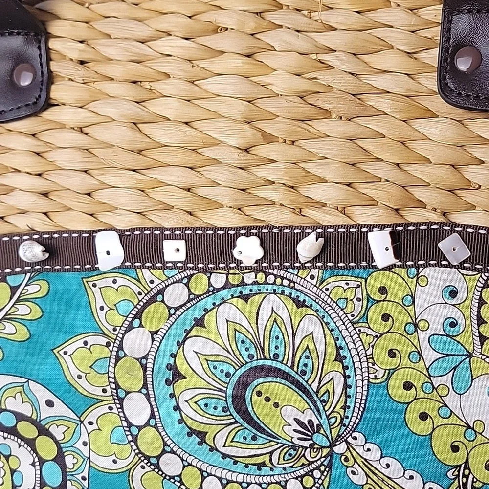 VERA BRADLEY Raffia Straw Paisley‎ Peacock Teal Print Boho Beach Summer Tote Bag